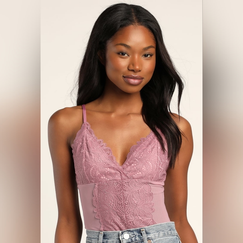 Lulu's Lace To Lace Dusty Purple Lace Surplice Bodysuit